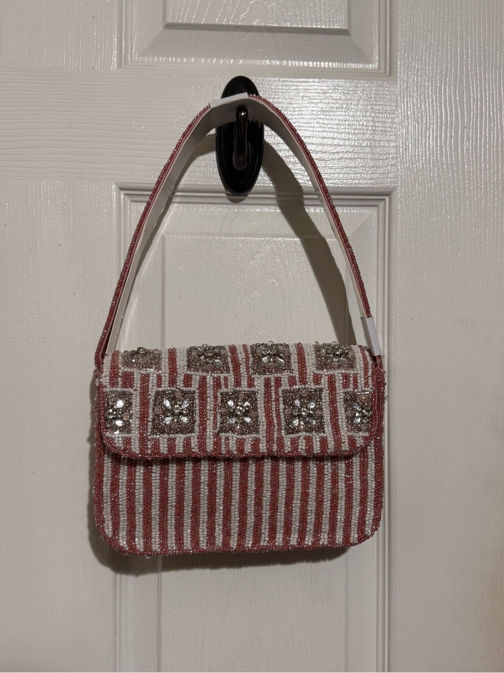 Beaded Striped Made in India Pink/White Stripe Shoulder Bag with Crystal Accents